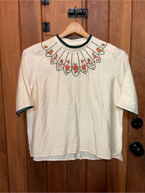 Tops - Cream Peasant Top with Floral Embroidered Yoke